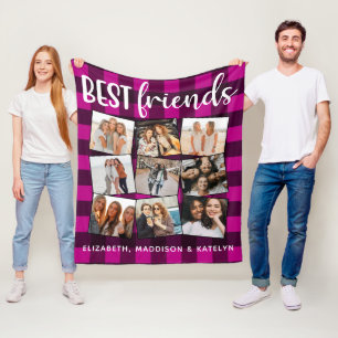 Best Friends 9 Photo Collage Buffalo Plaid Pink Fleece Blanket