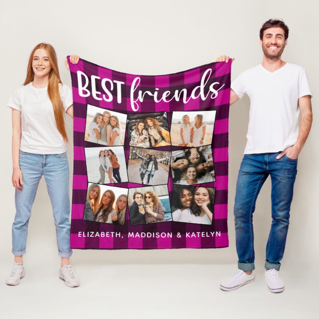 Best Friends 9 Photo Collage Buffalo Plaid Pink Fleece Blanket (In Situ)