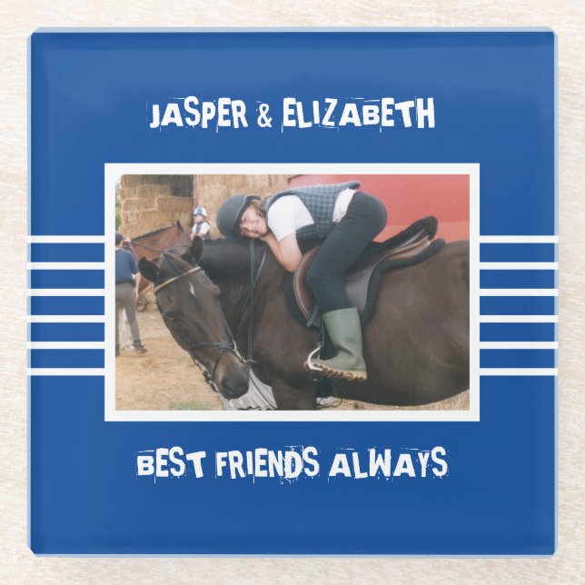 Best friends always horse photo deep blue glass coaster (Front)