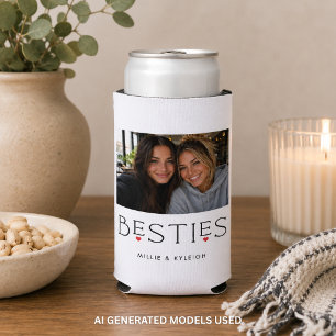 Best Friends Bestie Heart Typography Photo Seltzer Can Cooler