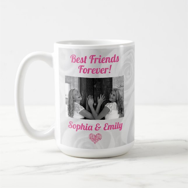 Best Friends Besties BFF Add Photo Names Cute Pink Coffee Mug (Left)