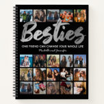 Best Friends | Besties Photo Collage Notebook<br><div class="desc">Personalised best friends notebook featuring a trendy black background that can be changed to any colour,  the word "besties" in a faux silver foil script font,  a friendship quote,  your names,  and a 20 square photo collage template for you to customise to your own.</div>