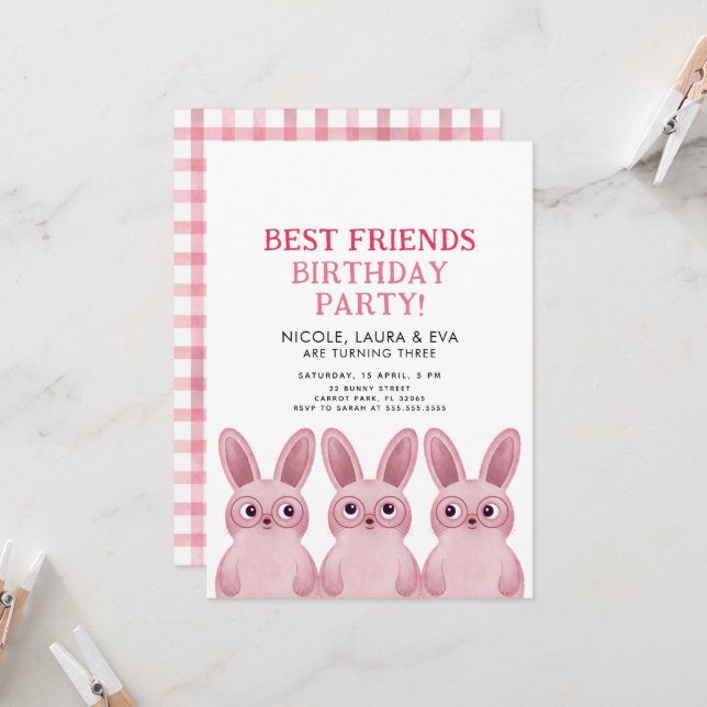 Best friends birthday party with pink bunnies invitation (Front/Back In Situ)