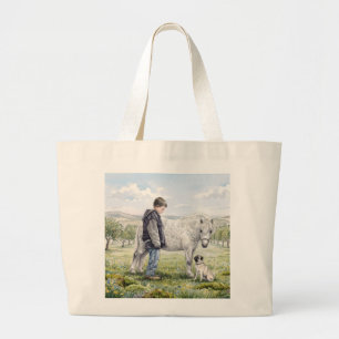 Best Friends-Child with Pony and Dog in an Orchard Large Tote Bag