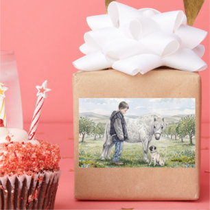Best Friends-Child with Pony and Dog in an Orchard Rectangular Sticker