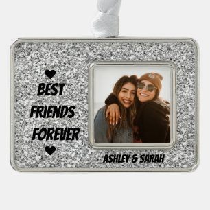Best Friends Custom Photo and Name silver Glitter Plated Framed Ornament