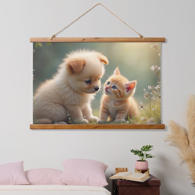 Best friends - cute puppy and kitten in the grass hanging tapestry (Bedroom)
