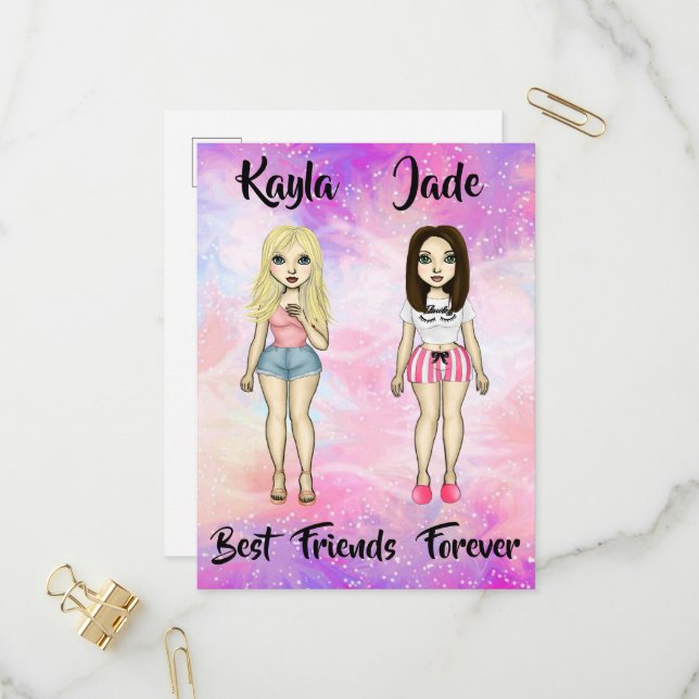 Best Friends Forever Blonde and Brunette Custom   Invitation Postcard (Front/Back In Situ)