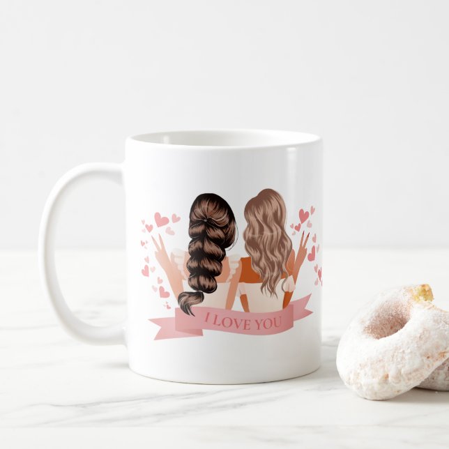 Best Friends Forever Blonde & Brunette Watercolor  Coffee Mug (With Donut)