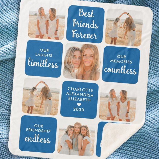 Best Friends Forever Custom 6 Photo Collage Blue Sherpa Blanket (Creator Uploaded)