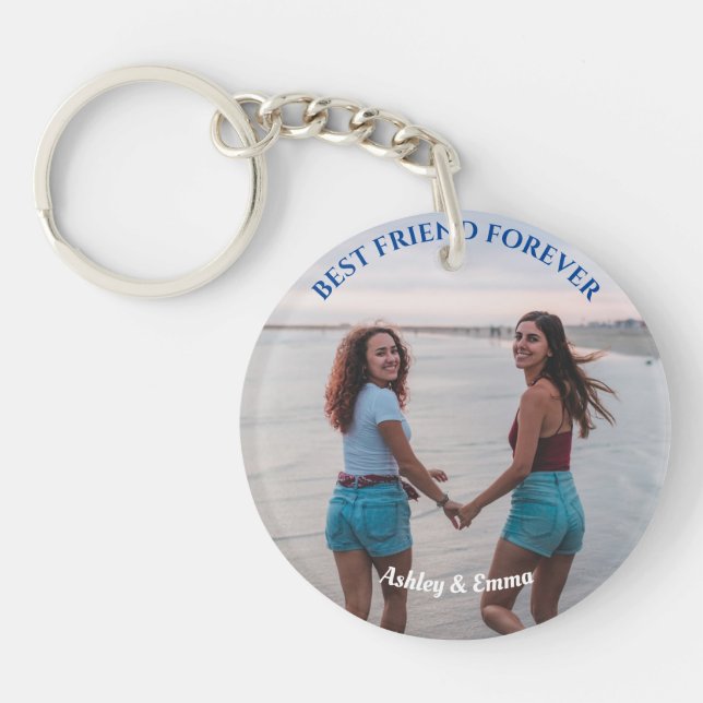 Best Friends Forever Custom Photo and Name Blue Key Ring (Front)