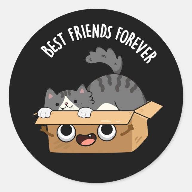 Best Friends Forever Funny Cat And Box Pun Dark BG Classic Round Sticker (Front)