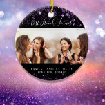 Best friends forever photo black purple glitter ceramic ornament<br><div class="desc">A gift for your best friend(s) for birthdays,  Christmas or a special event. Text: Best Friends Forever,  written with a trendy hand lettered style script. Personalise and use your own photo and names. A chic black background,  decorated with purple faux glitter dust.</div>
