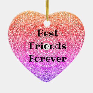 Best Friends Forever Rainbow Mandala Heart Boho Ceramic Ornament