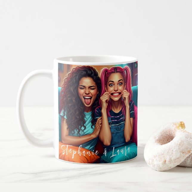 Best Friends Funny Faces & Inspirational Quote Coffee Mug (With Donut)