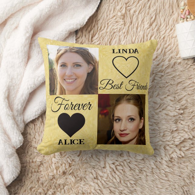 Best Friends Gift Gold Heart Photo Collage  Cushion (Blanket)