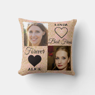 Best Friends Gift Gold Pink Heart Photo Collage Cushion
