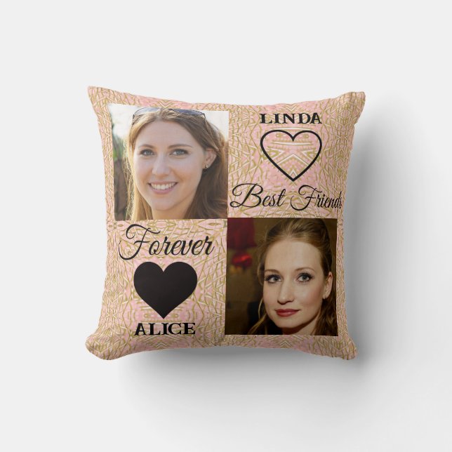 Best Friends Gift Gold Pink Heart Photo Collage Cushion (Front)