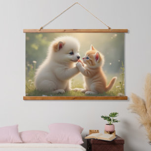 Best friends, give me five - cute puppy and kitty hanging tapestry
