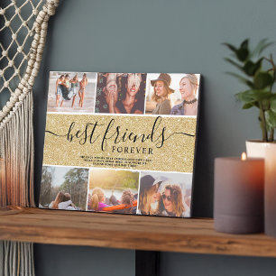 Best friends gold glitter 6 photo collage grid plaque