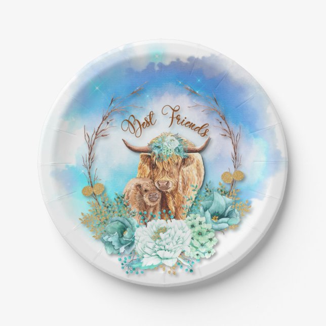 Best Friends Mum Baby Highland Cows Floral Paper Plate (Front)