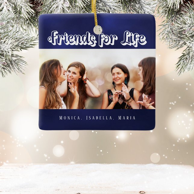 Best friends navy blue white photo names ceramic ornament (Creator Uploaded)