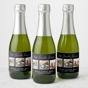 Best friends party black photo names fun sparkling wine label