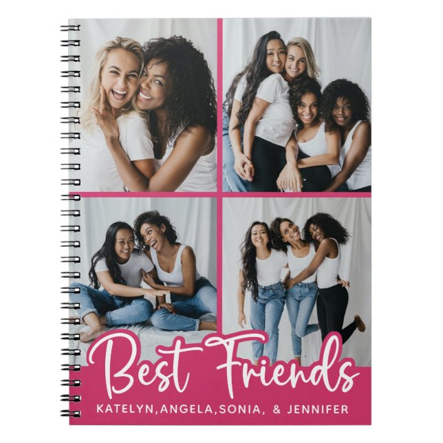 Best Friends Personalised 4 Photo Collage Pink Notebook (Front)