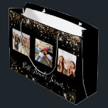 Best friends photo black gold glitter birthday large gift bag<br><div class="desc">A gift for your best friends birthday. Text: Best Friends Forever,  written with a trendy hand lettered style script. Personalise and use 3 of your own photos.  An elegant and modern black background. Decorated faux gold glitter dust.</div>
