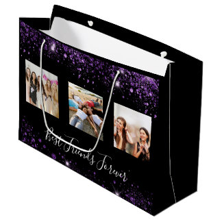 Best friends photo black purple glitter birthday large gift bag