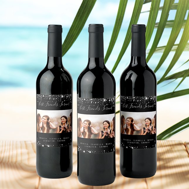 Best friends photo black silver glitter dust wine label (Creator Uploaded)