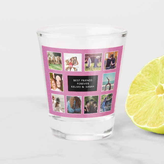 Best Friends Photo Collage Black and Pink Striped Shot Glass (Front)