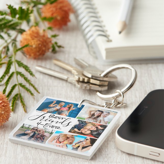 Best Friends Photo Collage Cute Script Key Ring (Front Right)