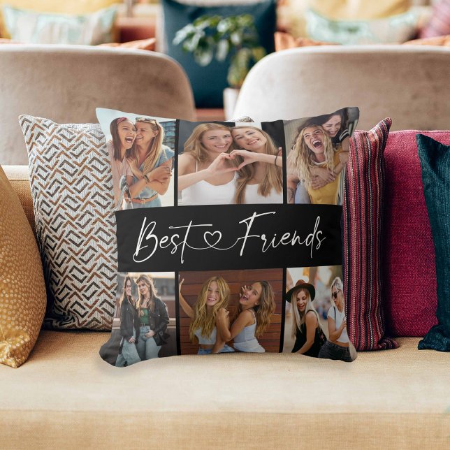 Best Friends Photo Collage Modern Script Heart Cushion (Creator Uploaded)