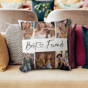 Best Friends Photo Collage Modern Script Heart Cushion