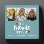 Best Friends Photo Collage Plaque<br><div class="desc">A simple and modern photo collage display for your best friend with 3 photos and the title Best Friends 
Forever with hearts on a teal background and personalised with your own text. Designed for you by Blackberry Boulevard.</div>
