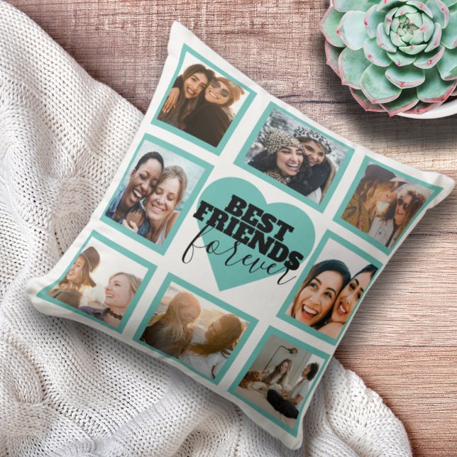 BEST FRIENDS Photo Collage Teal Heart Cushion (Creator Uploaded)