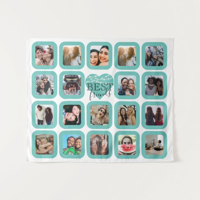 BEST FRIENDS Photo Collage Teal Heart with Lights Tapestry (Front (Horizontal))