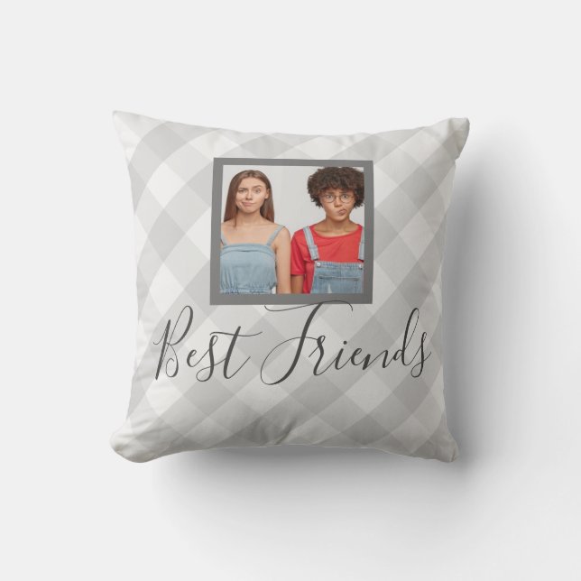 Best Friends Photo Grey Plaid Cushion (Front)