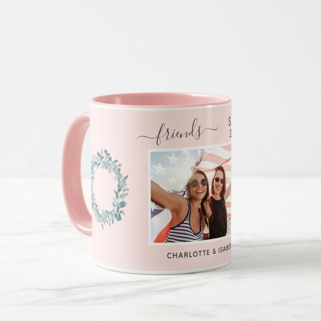 Best friends photo names eucalyptus greenery pink mug (Front Left)