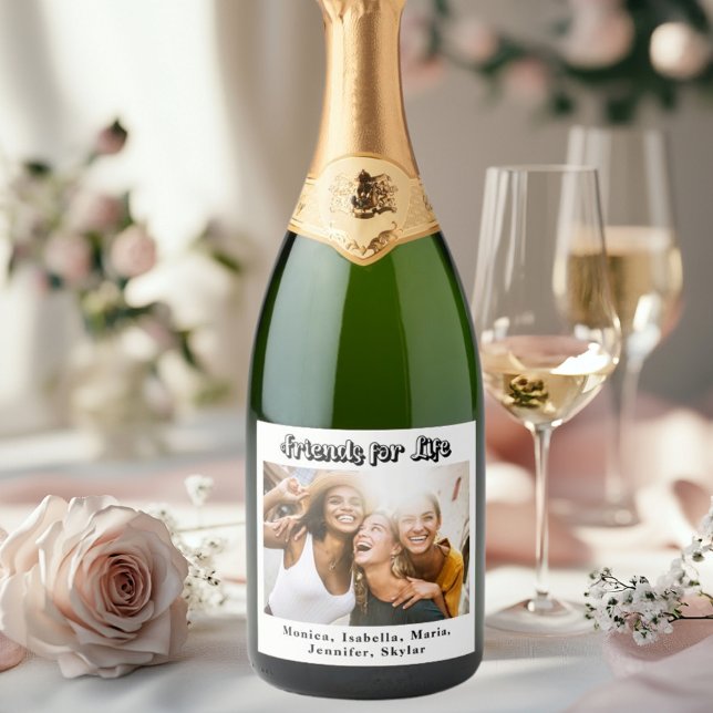 Best friends photo names modern simple party sparkling wine label (Creator Uploaded)