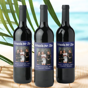 Best friends photo navy blue white script wine label