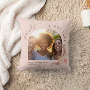 Best friends photo pampas rose gold pink floral cushion