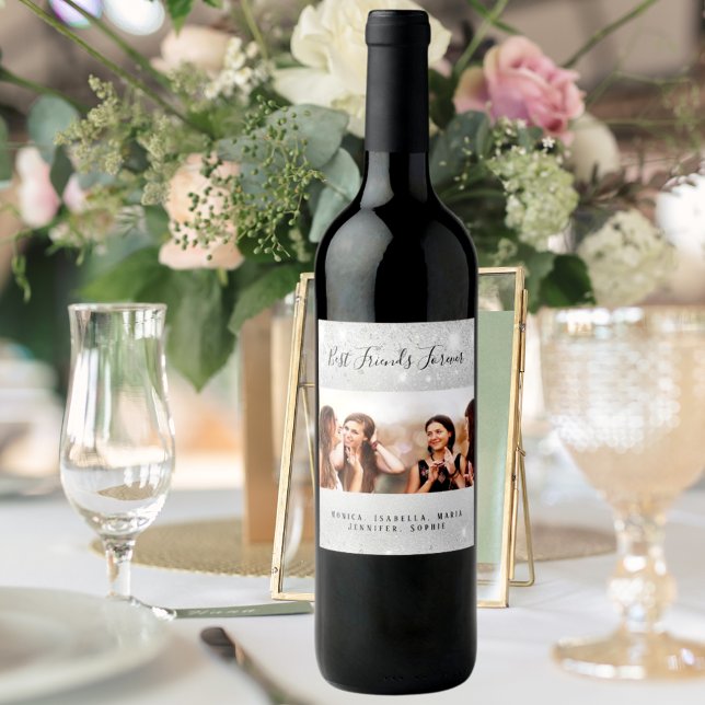 Best friends photo silver glitter dust names wine label (Creator Uploaded)