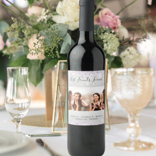 Best friends photo silver purple glitter dust wine label