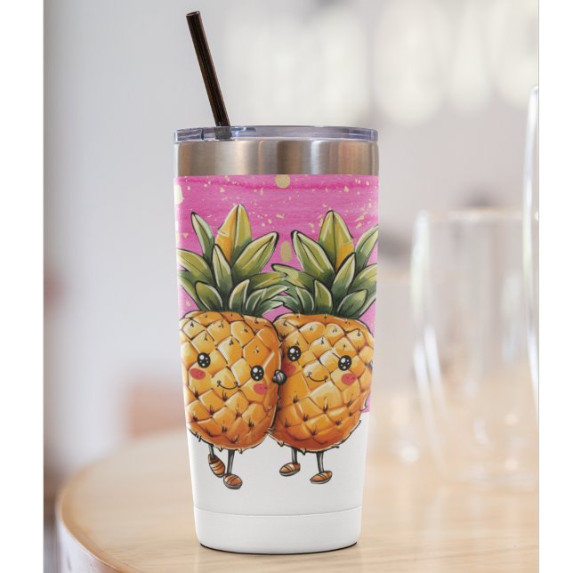 Best Friends Pineapple Kawaii Pineapple Cute Pink Insulated Tumbler (Fun bubbly travel mug for beach, pool or party. Kawaii BFF Pineapple Friends)