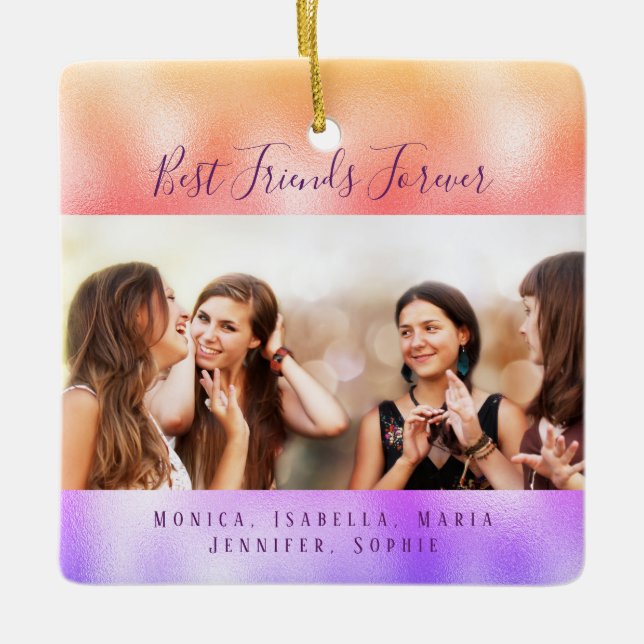 Best friends purple gold photo names ceramic ornament (Front)