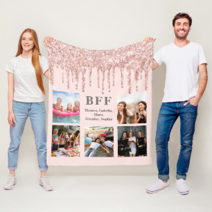 Best friends rose gold blush glitter photo name fleece blanket