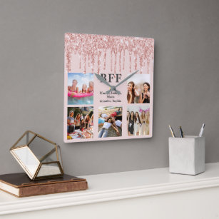 Best friends rose gold blush names photo collage square wall clock
