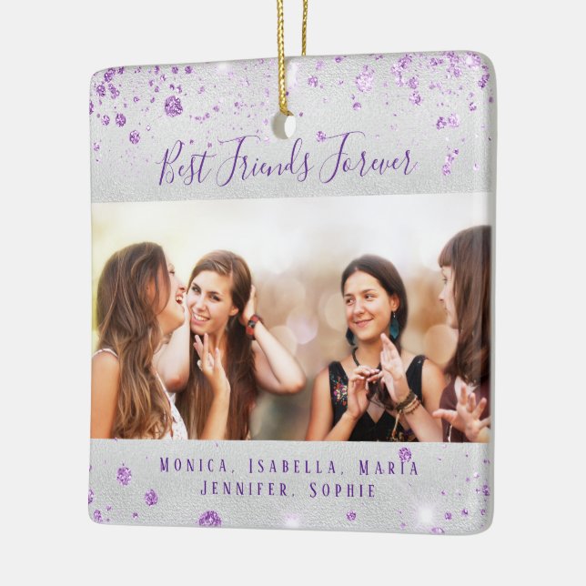 Best friends silver purple glitter names photo ceramic ornament (Left)